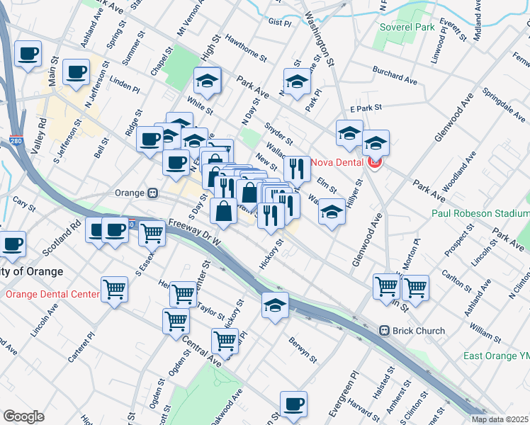 map of restaurants, bars, coffee shops, grocery stores, and more near 30 Canfield Street in City of Orange