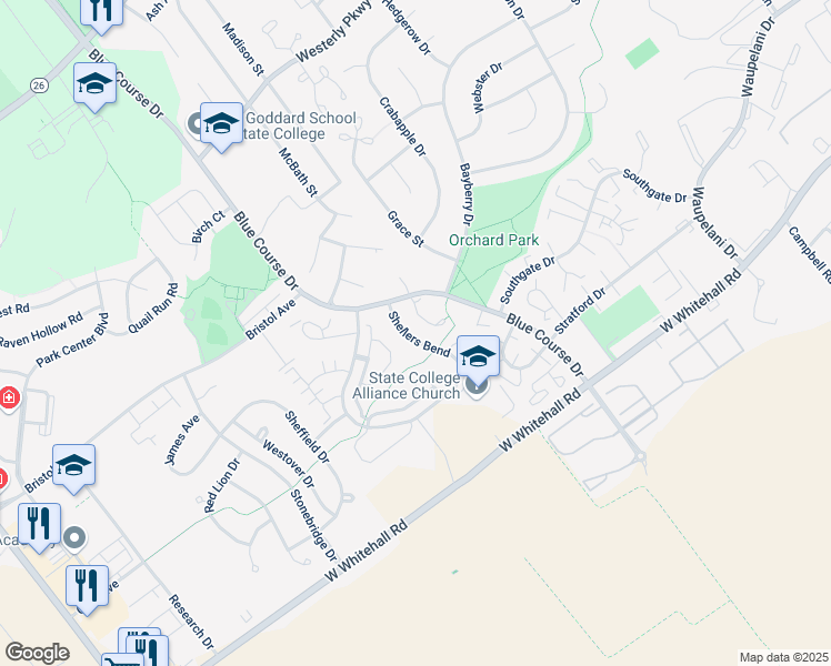 map of restaurants, bars, coffee shops, grocery stores, and more near 3113 Shellers Bend in State College