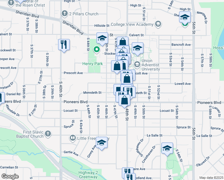 map of restaurants, bars, coffee shops, grocery stores, and more near 4645 Lowell Avenue in Lincoln