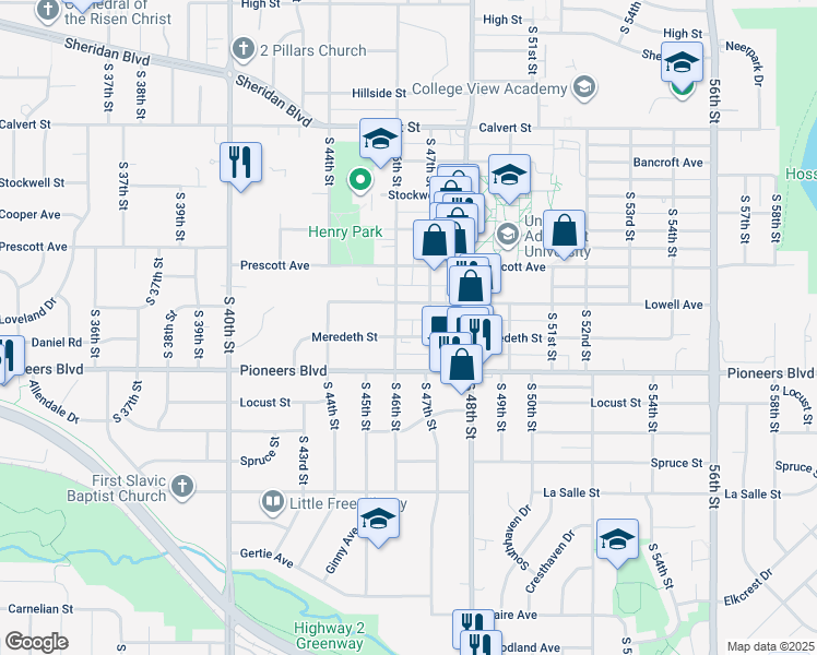 map of restaurants, bars, coffee shops, grocery stores, and more near 4119 South 46th Street in Lincoln