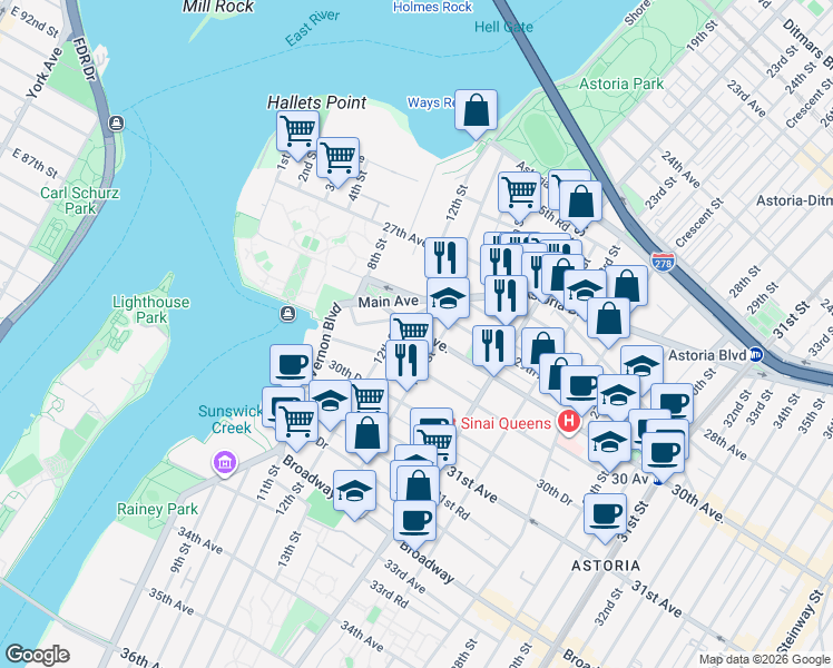 map of restaurants, bars, coffee shops, grocery stores, and more near 29-11 12th Street in Queens