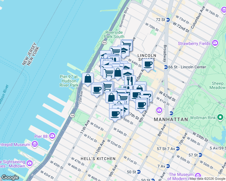 map of restaurants, bars, coffee shops, grocery stores, and more near 524 West 59th Street in New York