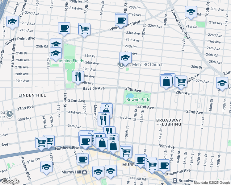 map of restaurants, bars, coffee shops, grocery stores, and more near 153-16 Bayside Avenue in Queens