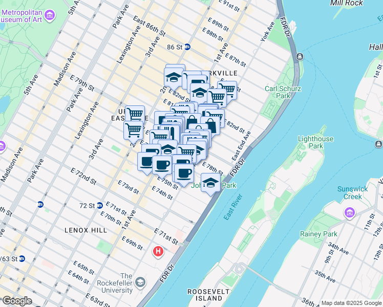 map of restaurants, bars, coffee shops, grocery stores, and more near 445 East 78th Street in New York