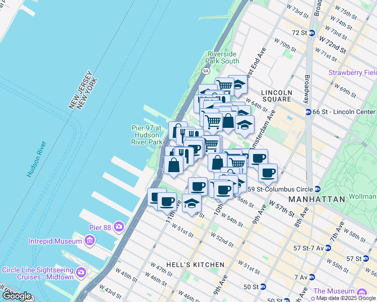map of restaurants, bars, coffee shops, grocery stores, and more near 625 West 57th Street in New York