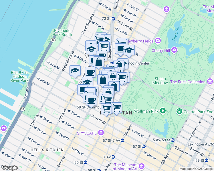 map of restaurants, bars, coffee shops, grocery stores, and more near 61 West 62nd Street in New York