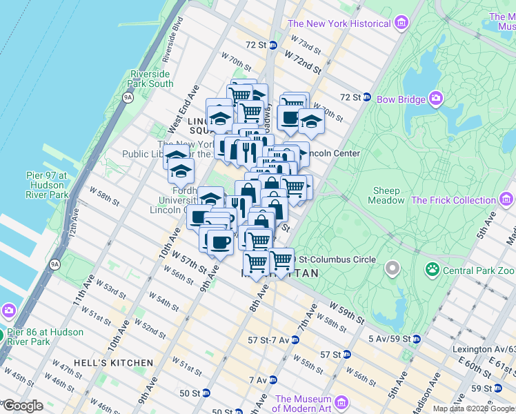 map of restaurants, bars, coffee shops, grocery stores, and more near 44 West 63rd Street in New York