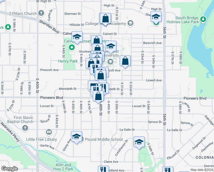 map of restaurants, bars, coffee shops, grocery stores, and more near 4828 Meredeth Street in Lincoln