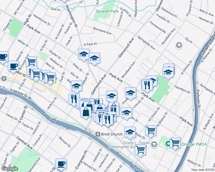 map of restaurants, bars, coffee shops, grocery stores, and more near 29 Chelsea Place in East Orange
