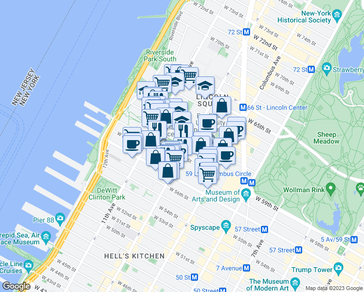 map of restaurants, bars, coffee shops, grocery stores, and more near 215 West 60th Street in New York