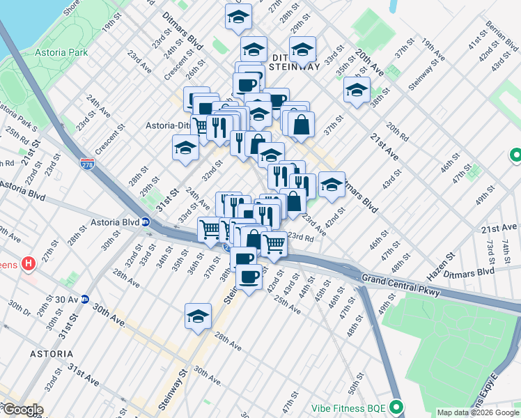 map of restaurants, bars, coffee shops, grocery stores, and more near 23-39 37th Street in Queens