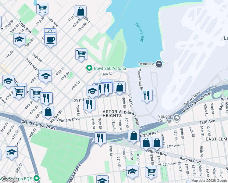 map of restaurants, bars, coffee shops, grocery stores, and more near 19-56 79th Street in Queens