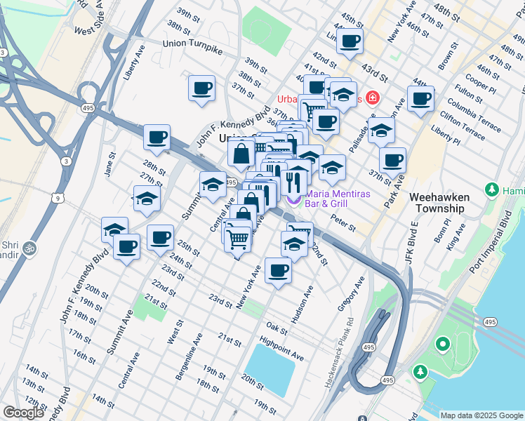 map of restaurants, bars, coffee shops, grocery stores, and more near 3100 Bergenline Avenue in Union City