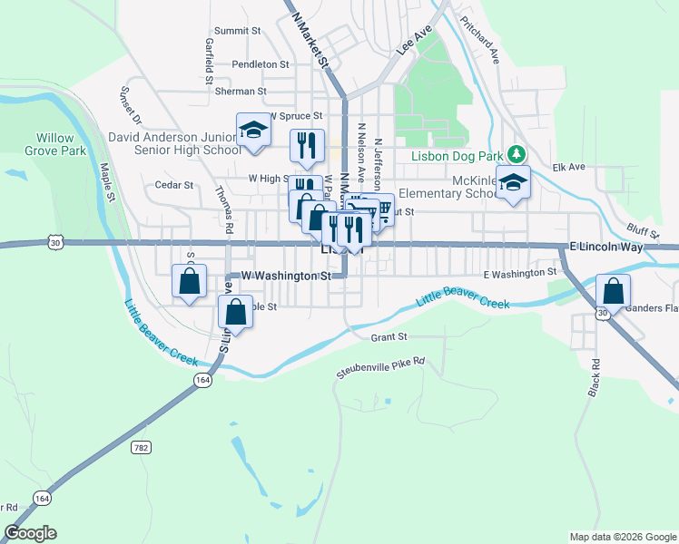 map of restaurants, bars, coffee shops, grocery stores, and more near 135 South Market Street in Lisbon