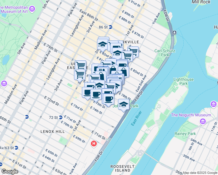 map of restaurants, bars, coffee shops, grocery stores, and more near 432 East 78th Street in New York