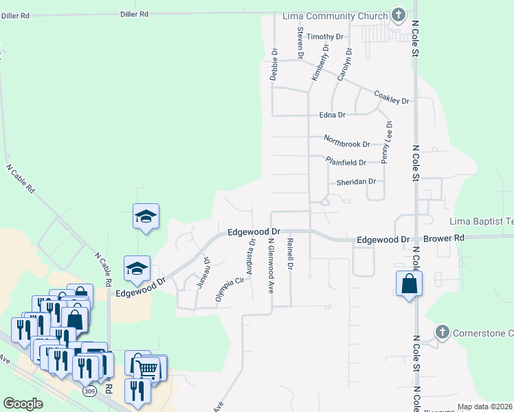 map of restaurants, bars, coffee shops, grocery stores, and more near 2344 Augusta Dr in Lima