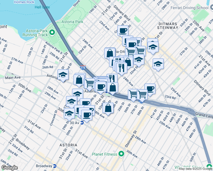 map of restaurants, bars, coffee shops, grocery stores, and more near 1800 Hoyt Avenue North in Queens