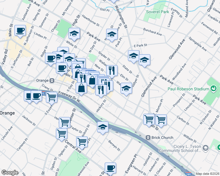 map of restaurants, bars, coffee shops, grocery stores, and more near 146 William Street in City of Orange