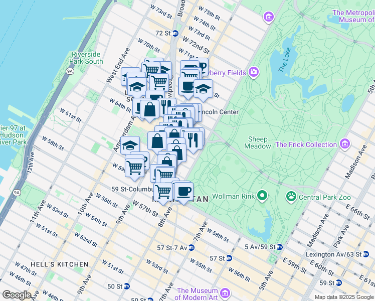 map of restaurants, bars, coffee shops, grocery stores, and more near 15 West 63rd Street in New York