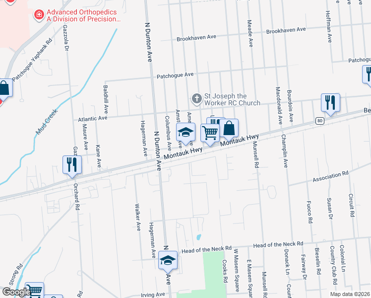 map of restaurants, bars, coffee shops, grocery stores, and more near 1343 Montauk Highway in Patchogue