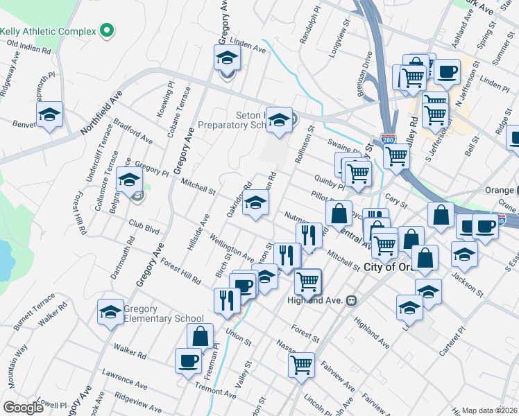 map of restaurants, bars, coffee shops, grocery stores, and more near 131 Mitchell Street in West Orange