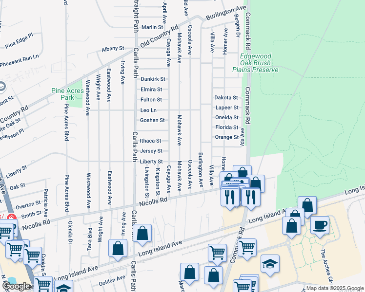 map of restaurants, bars, coffee shops, grocery stores, and more near 80 Mohawk Avenue in Deer Park