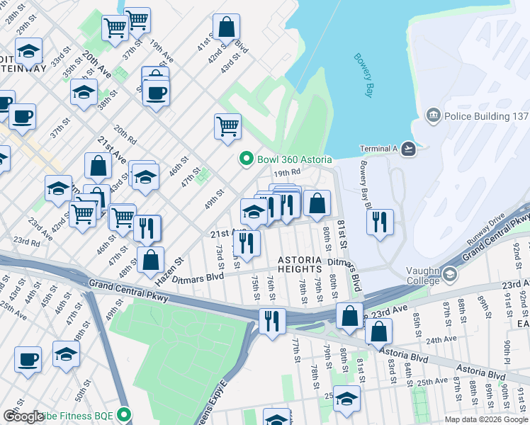 map of restaurants, bars, coffee shops, grocery stores, and more near 19-75 76th Street in Queens