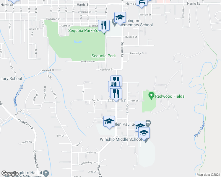 map of restaurants, bars, coffee shops, grocery stores, and more near 3940 Walnut Drive in Eureka