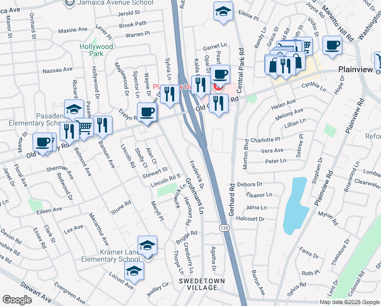 map of restaurants, bars, coffee shops, grocery stores, and more near 50 West Lane Drive in Plainview