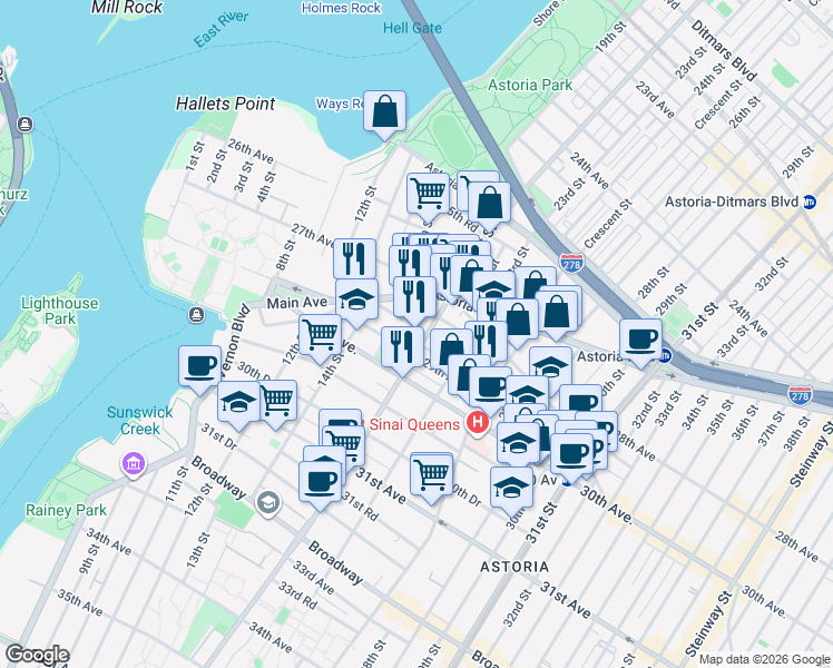 map of restaurants, bars, coffee shops, grocery stores, and more near 28-02 21st Street in Queens