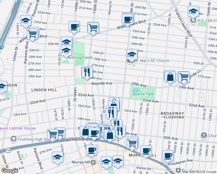 map of restaurants, bars, coffee shops, grocery stores, and more near 152-4 Bayside Avenue in Queens