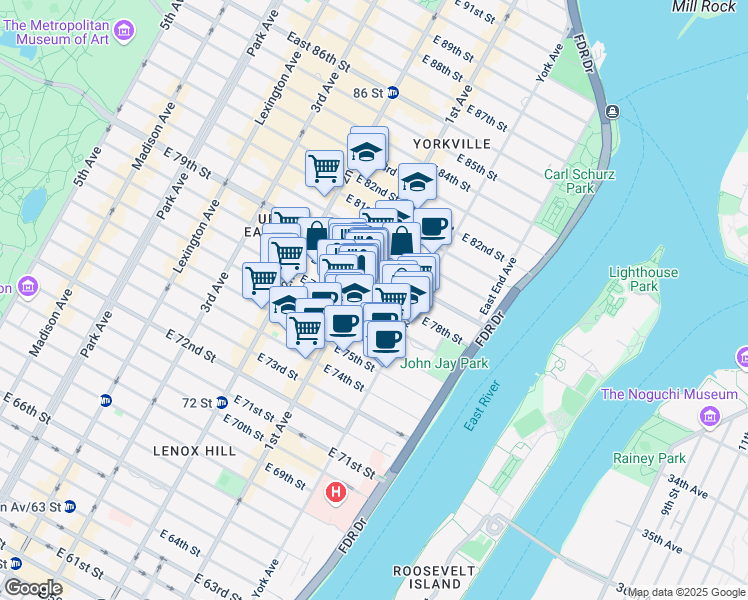 map of restaurants, bars, coffee shops, grocery stores, and more near 412 East 78th Street in New York