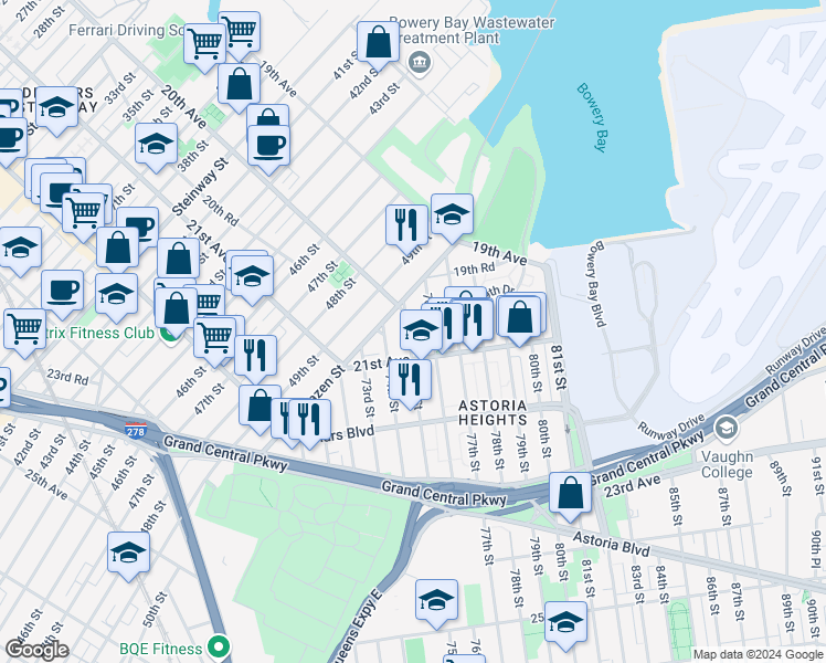 map of restaurants, bars, coffee shops, grocery stores, and more near 19-31 75th Street in Queens