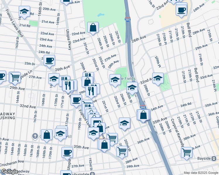 map of restaurants, bars, coffee shops, grocery stores, and more near 29-18 203rd Street in Queens