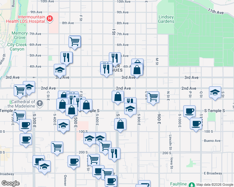 map of restaurants, bars, coffee shops, grocery stores, and more near 72 I Street in Salt Lake City