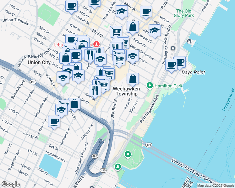 map of restaurants, bars, coffee shops, grocery stores, and more near 65 Highwood Terrace in Weehawken