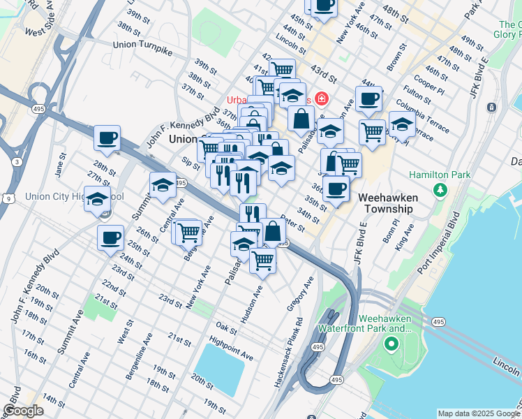 map of restaurants, bars, coffee shops, grocery stores, and more near 3307 Palisade Avenue in Union City