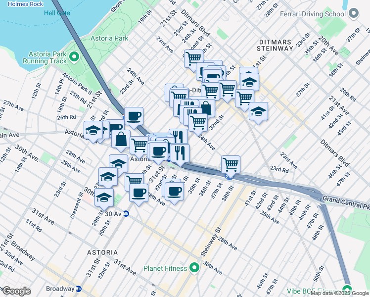 map of restaurants, bars, coffee shops, grocery stores, and more near 1800 Hoyt Avenue North in Queens