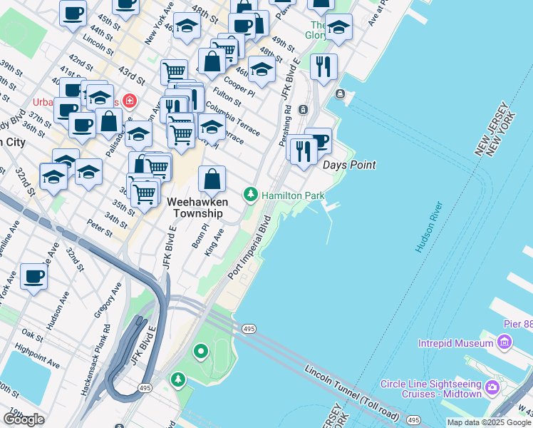 map of restaurants, bars, coffee shops, grocery stores, and more near Port Imperial Boulevard in Weehawken