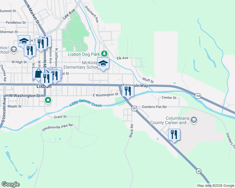 map of restaurants, bars, coffee shops, grocery stores, and more near 533 East Washington Street in Lisbon
