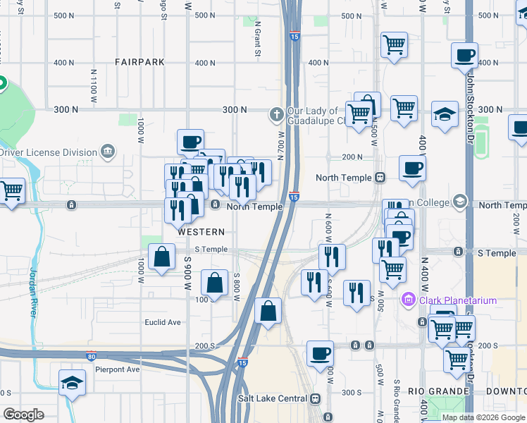map of restaurants, bars, coffee shops, grocery stores, and more near 755 W North Temple in Salt Lake City