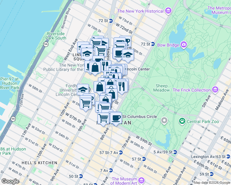 map of restaurants, bars, coffee shops, grocery stores, and more near 31 West 63rd Street in New York