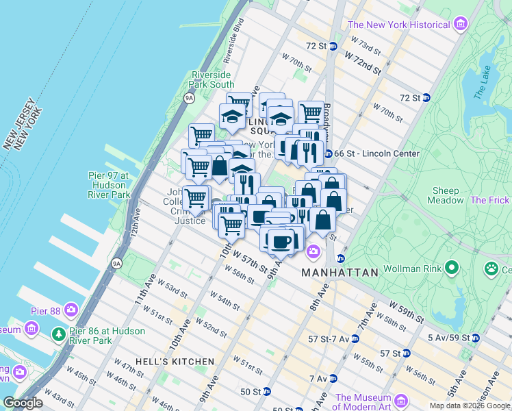 map of restaurants, bars, coffee shops, grocery stores, and more near 175 West 60th Street in New York