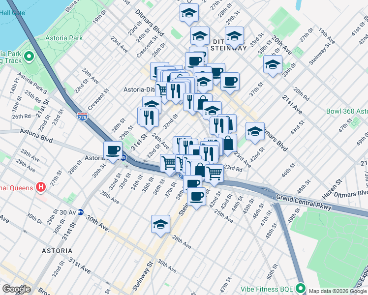 map of restaurants, bars, coffee shops, grocery stores, and more near 23-72 36th Street in Queens