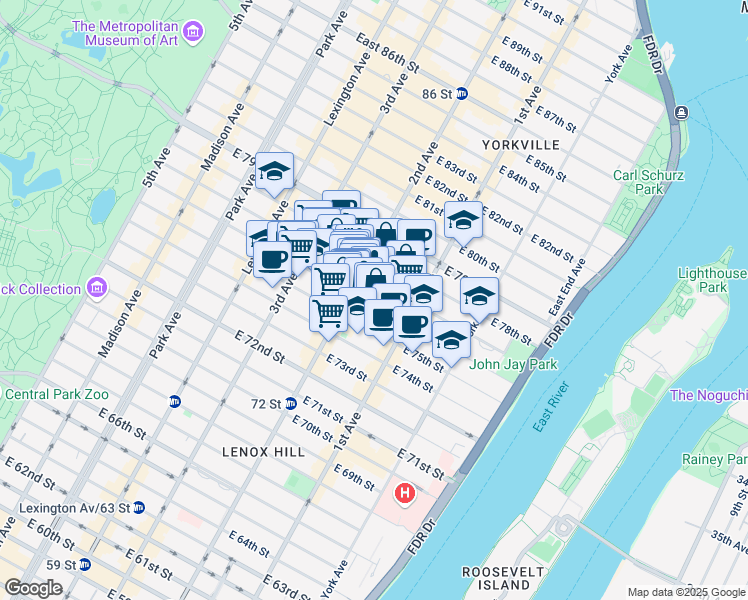 map of restaurants, bars, coffee shops, grocery stores, and more near 335 East 76th Street in New York