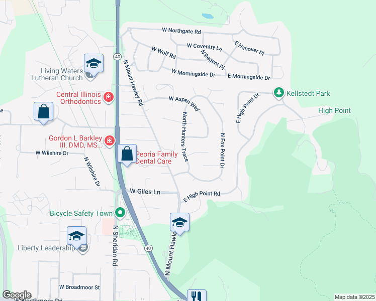 map of restaurants, bars, coffee shops, grocery stores, and more near 6916 North Hunters Trace in Peoria