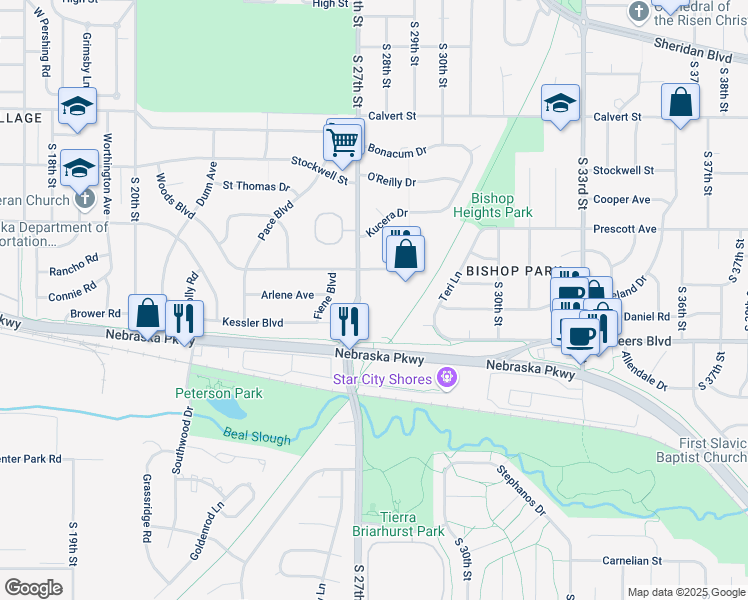 map of restaurants, bars, coffee shops, grocery stores, and more near 4035 South 27th Street in Lincoln