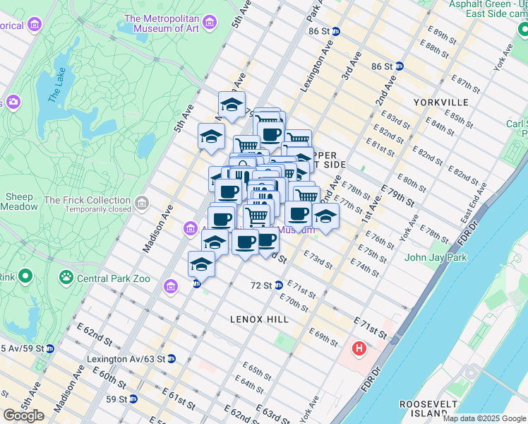 map of restaurants, bars, coffee shops, grocery stores, and more near 176 East 74th Street in New York