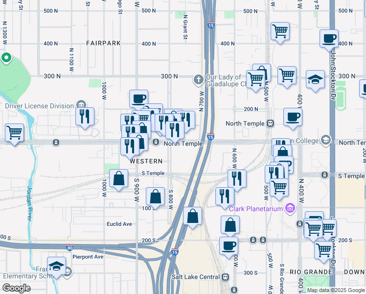 map of restaurants, bars, coffee shops, grocery stores, and more near 770 West North Temple in Salt Lake City