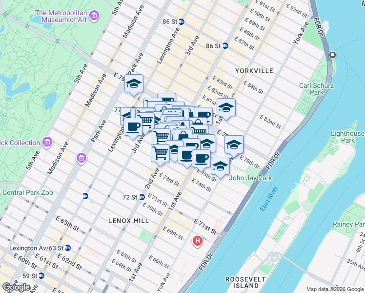 map of restaurants, bars, coffee shops, grocery stores, and more near 331 East 76th Street in New York